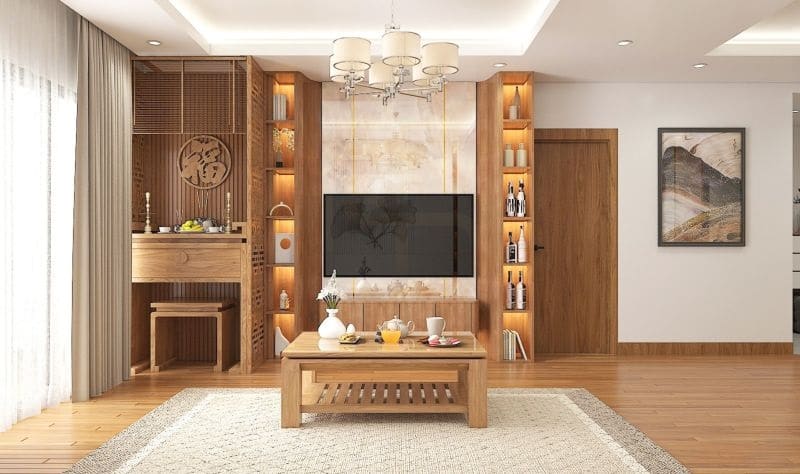 Thiết kế nội thất phòng khách kết hợp bàn thờ Thiết kế và Sản xuất nội thất  chất lượng cao tại TPHCM